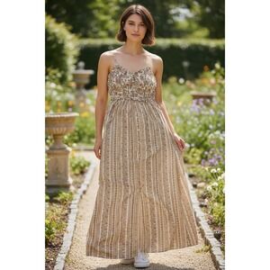 Indulge In Style Floral Stripe Boho Maxi Dress Tan Cream Large Womens Smocked